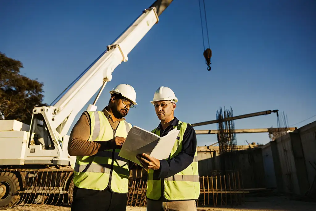 Crane crew reviewing a lift plan on site with a mobile crane in the background