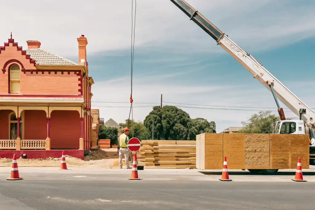 Mobile crane set up on a closed suburban Melbourne street with traffic cones and signage