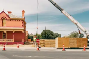 Mobile crane set up on a closed suburban Melbourne street with traffic cones and signage